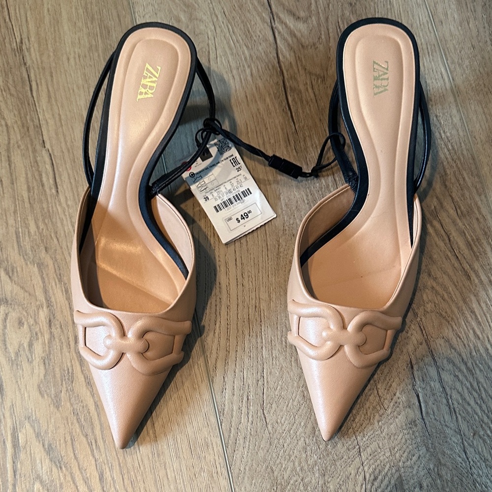 Zara Blush Slingback Pointed-Toe Pumps with Chain Detail